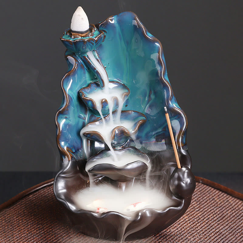 Quemador de incienso espiritual de cerámica con reflujo de hojas de loto azul y Buddha Stones - image 6