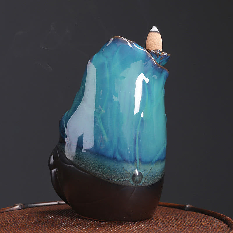 Quemador de incienso espiritual de cerámica con reflujo de hojas de loto azul y Buddha Stones - image 4