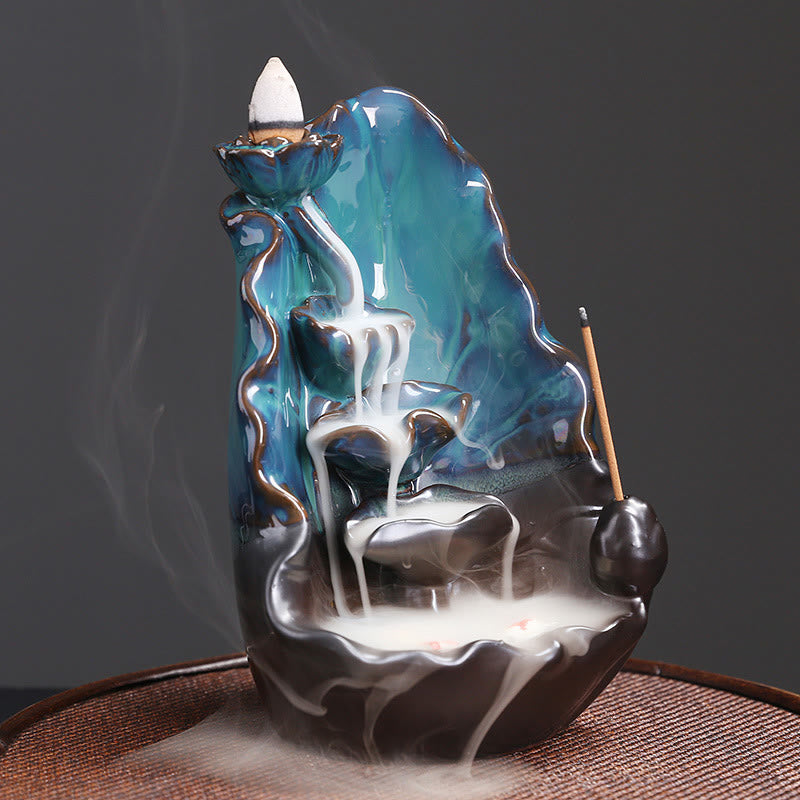 Quemador de incienso espiritual de cerámica con reflujo de hojas de loto azul y Buddha Stones - image 2