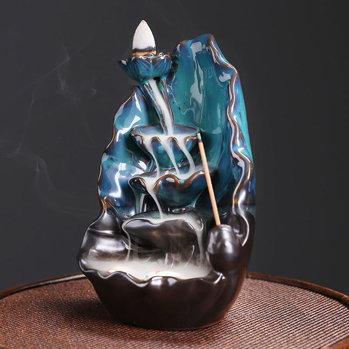 Quemador de incienso espiritual de cerámica con reflujo de hojas de loto azul y Buddha Stones - image 3