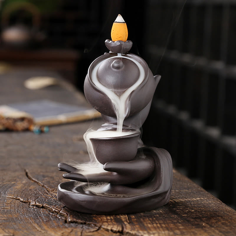 Buddha Stones , mano de Buda sosteniendo una tetera, taza, fuente de humo de cerámica con reflujo, quemador de incienso curativo, decoración - image 2