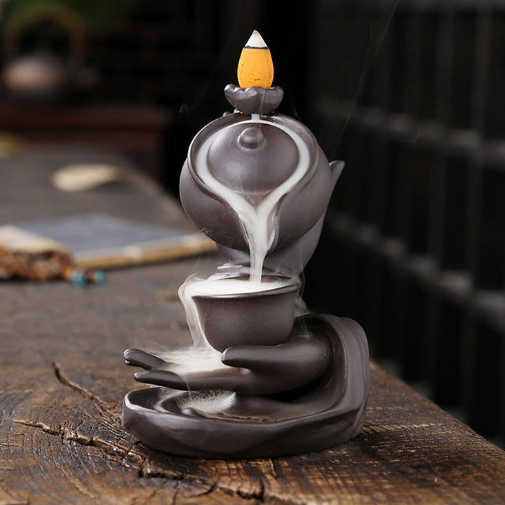 Buddha Stones , mano de Buda sosteniendo una tetera, taza, fuente de humo de cerámica con reflujo, quemador de incienso curativo, decoración - image 2