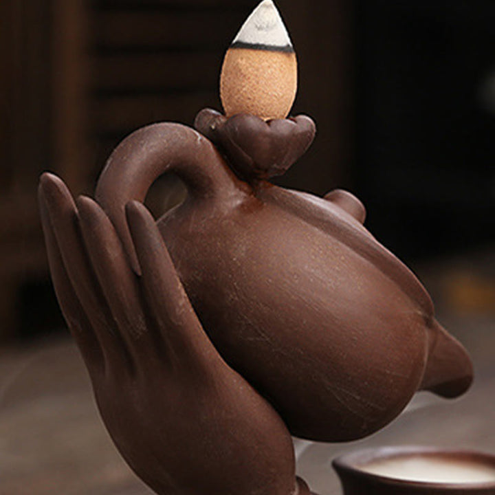 Buddha Stones , mano de Buda sosteniendo una tetera, taza, fuente de humo de cerámica con reflujo, quemador de incienso curativo, decoración - image 16