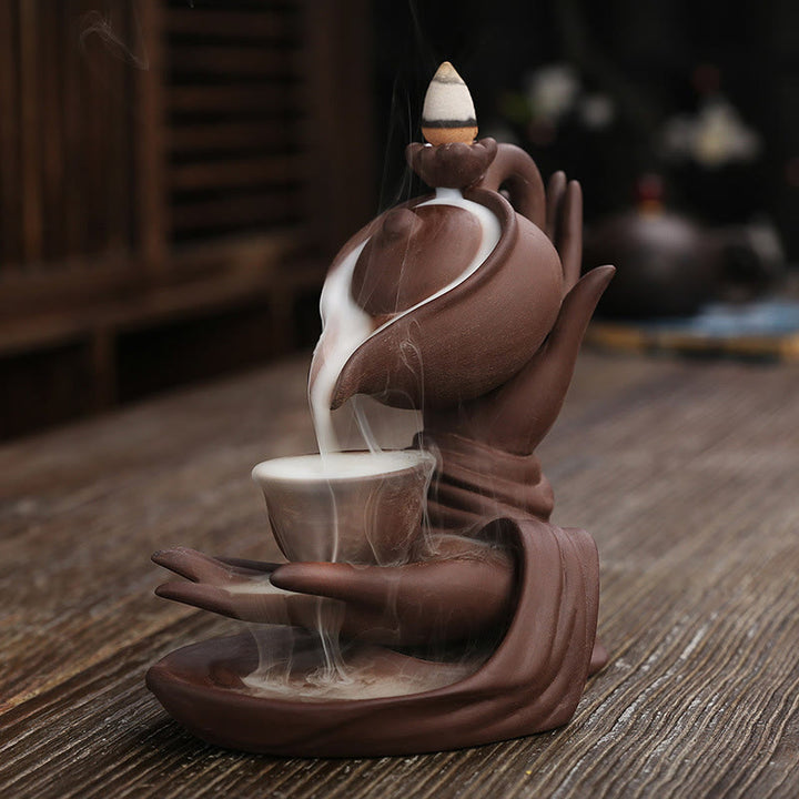 Buddha Stones , mano de Buda sosteniendo una tetera, taza, fuente de humo de cerámica con reflujo, quemador de incienso curativo, decoración - Marrón Rojo 13,7*9*13,9cm - image 11