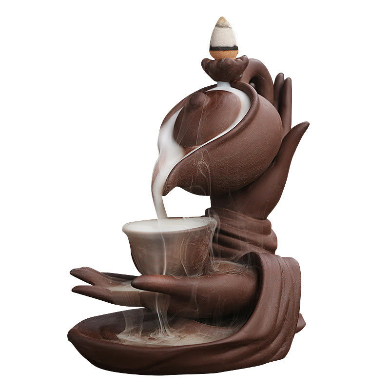 Buddha Stones , mano de Buda sosteniendo una tetera, taza, fuente de humo de cerámica con reflujo, quemador de incienso curativo, decoración - image 19
