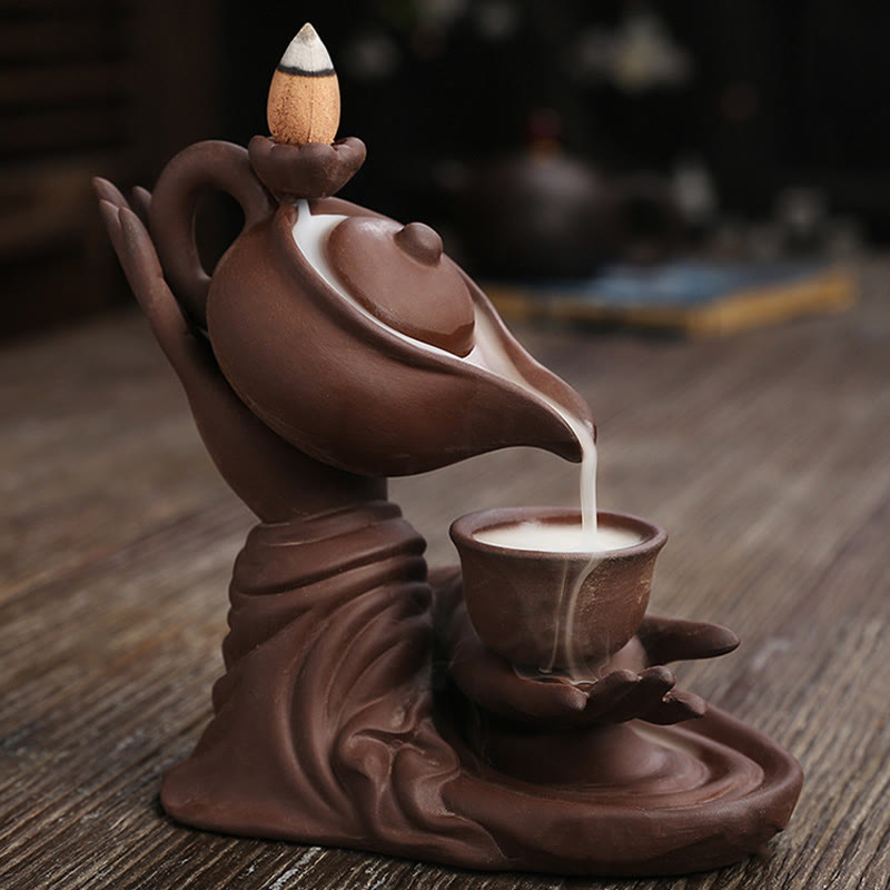 Buddha Stones , mano de Buda sosteniendo una tetera, taza, fuente de humo de cerámica con reflujo, quemador de incienso curativo, decoración - image 14