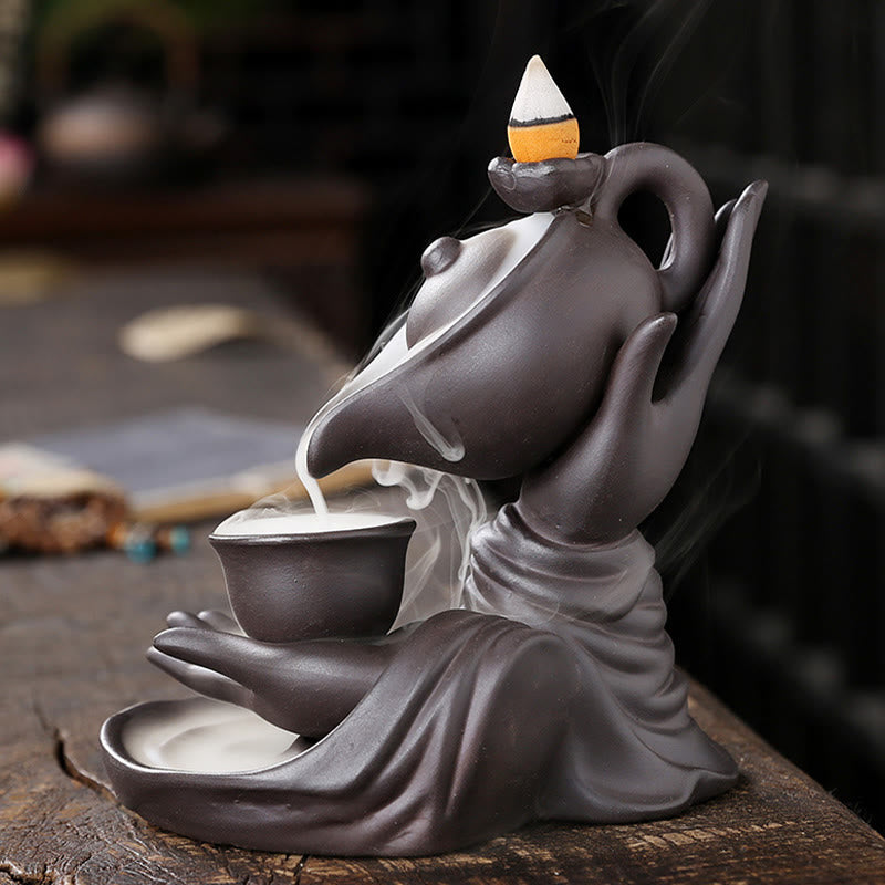 Buddha Stones , mano de Buda sosteniendo una tetera, taza, fuente de humo de cerámica con reflujo, quemador de incienso curativo, decoración - image 2