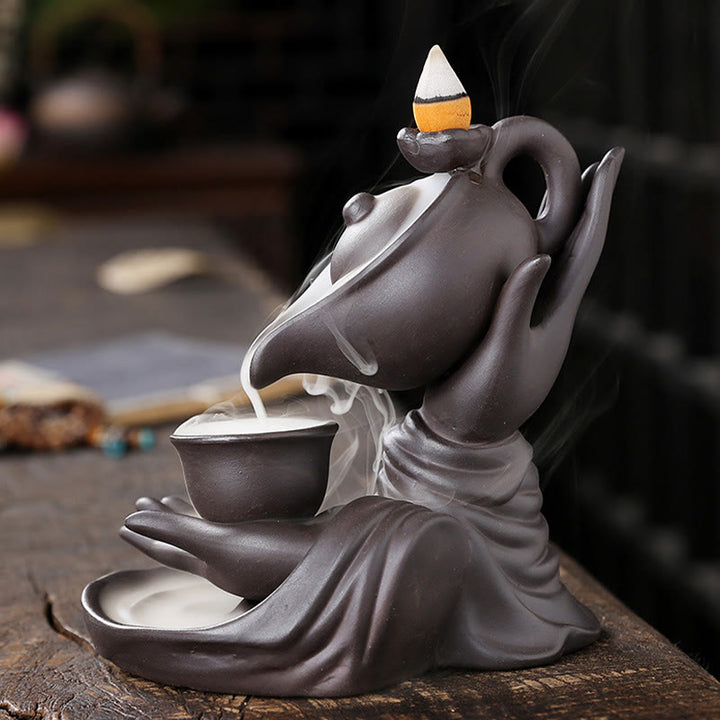 Buddha Stones , mano de Buda sosteniendo una tetera, taza, fuente de humo de cerámica con reflujo, quemador de incienso curativo, decoración - image 2