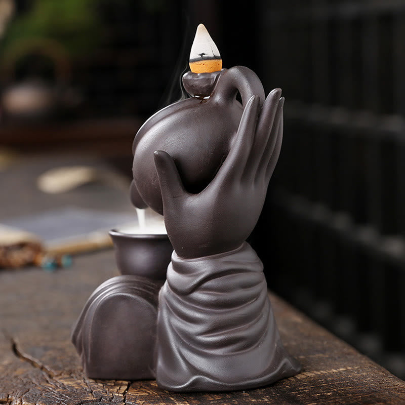 Buddha Stones , mano de Buda sosteniendo una tetera, taza, fuente de humo de cerámica con reflujo, quemador de incienso curativo, decoración - image 4