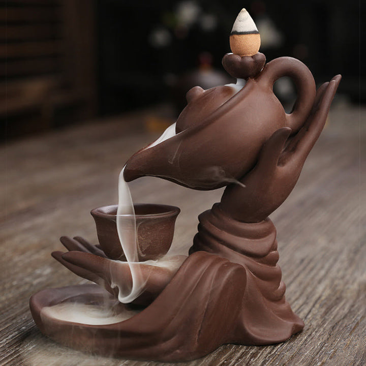 Buddha Stones , mano de Buda sosteniendo una tetera, taza, fuente de humo de cerámica con reflujo, quemador de incienso curativo, decoración - image 13
