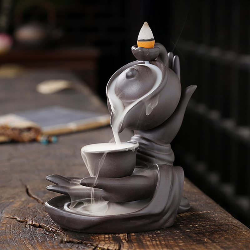 Buddha Stones , mano de Buda sosteniendo una tetera, taza, fuente de humo de cerámica con reflujo, quemador de incienso curativo, decoración - image 5