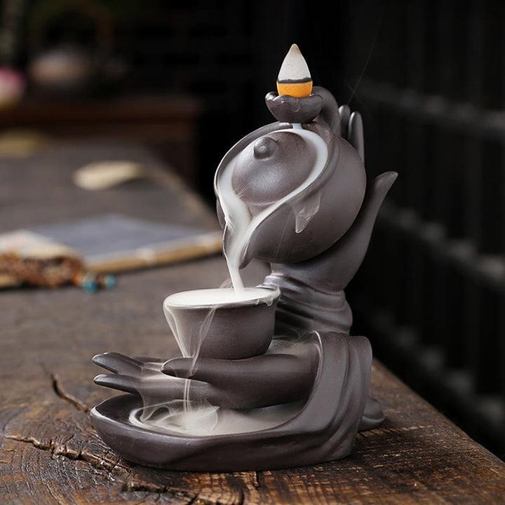 Buddha Stones , mano de Buda sosteniendo una tetera, taza, fuente de humo de cerámica con reflujo, quemador de incienso curativo, decoración - image 5