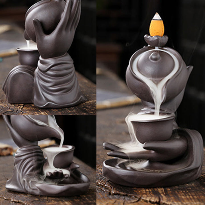 Buddha Stones , mano de Buda sosteniendo una tetera, taza, fuente de humo de cerámica con reflujo, quemador de incienso curativo, decoración - image 9