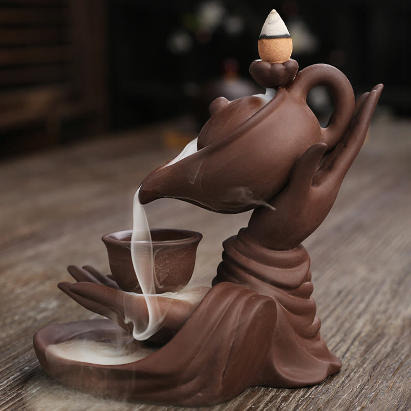Buddha Stones , mano de Buda sosteniendo una tetera, taza, fuente de humo de cerámica con reflujo, quemador de incienso curativo, decoración - image 12