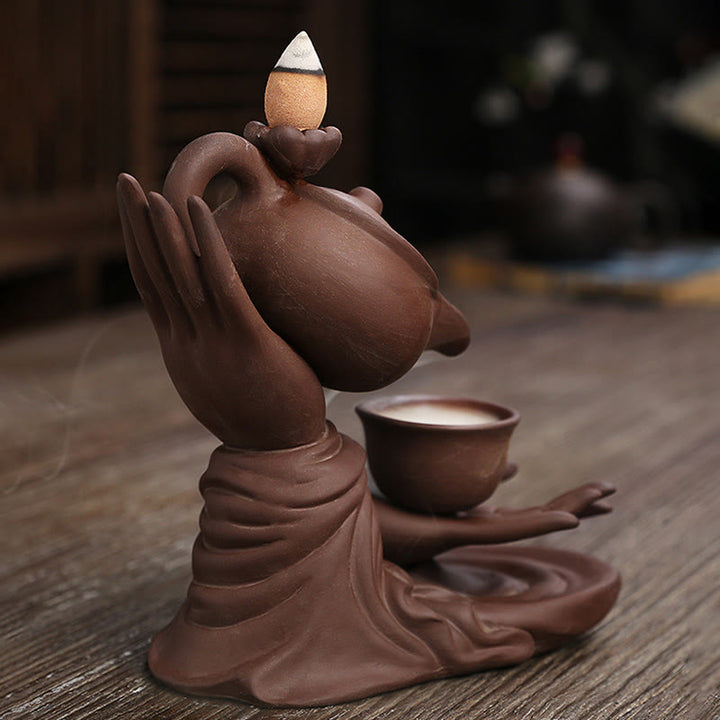 Buddha Stones , mano de Buda sosteniendo una tetera, taza, fuente de humo de cerámica con reflujo, quemador de incienso curativo, decoración - image 14