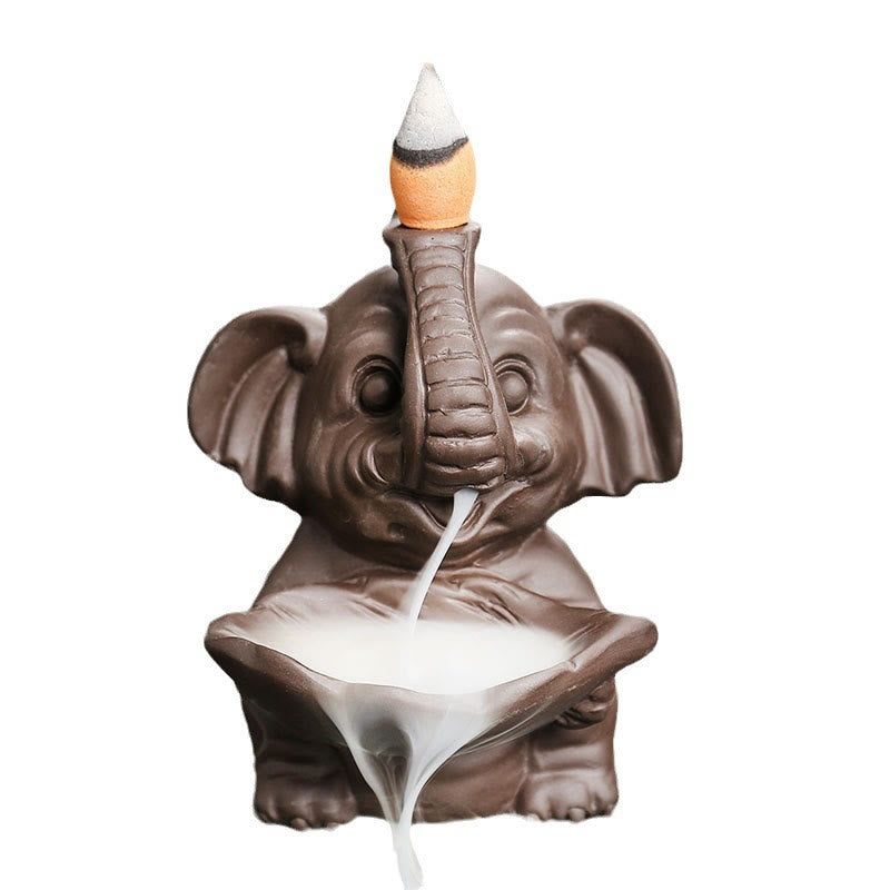 Quemador de incienso curativo con fuente de humo de reflujo de arcilla morada con diseño de elefante pequeño sosteniendo una Buddha Stones - image 18
