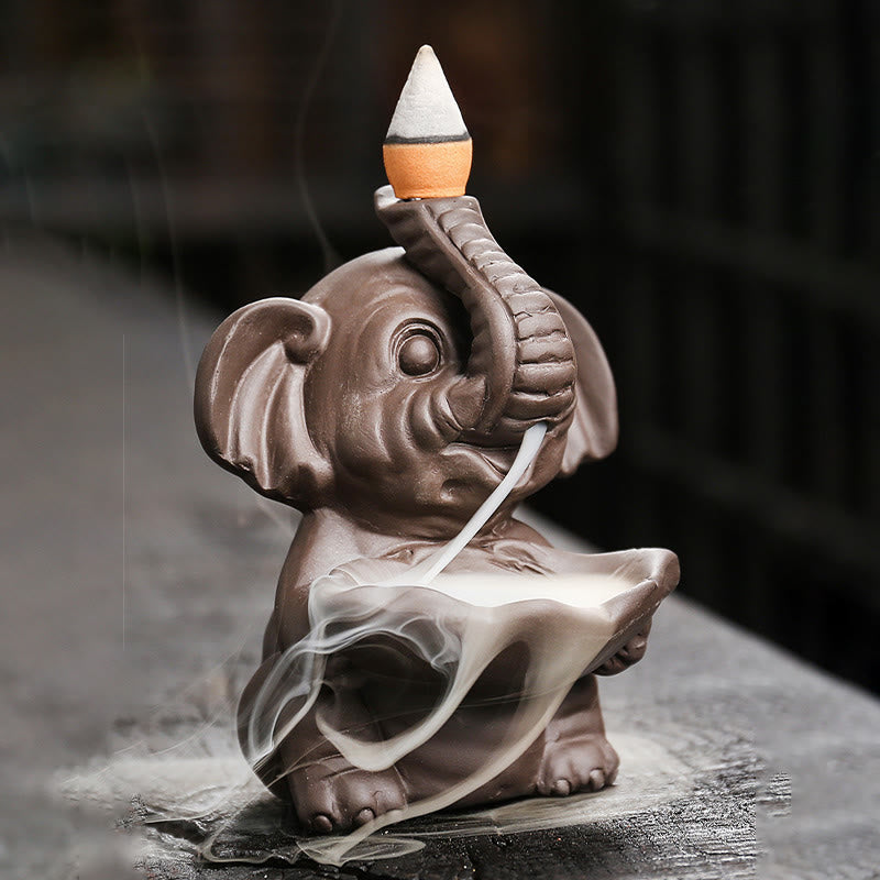 Quemador de incienso curativo con fuente de humo de reflujo de arcilla morada con diseño de elefante pequeño sosteniendo una Buddha Stones - image 2
