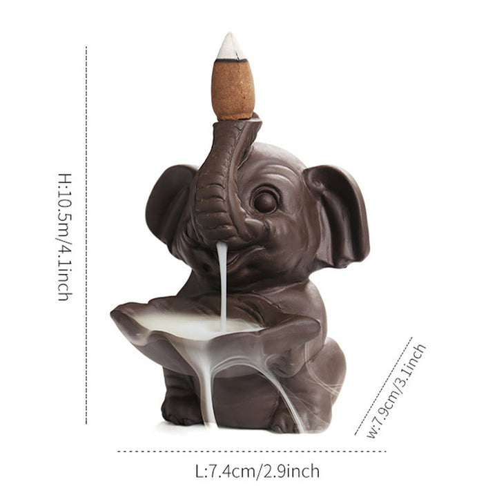 Quemador de incienso curativo con fuente de humo de reflujo de arcilla morada con diseño de elefante pequeño sosteniendo una Buddha Stones - image 16