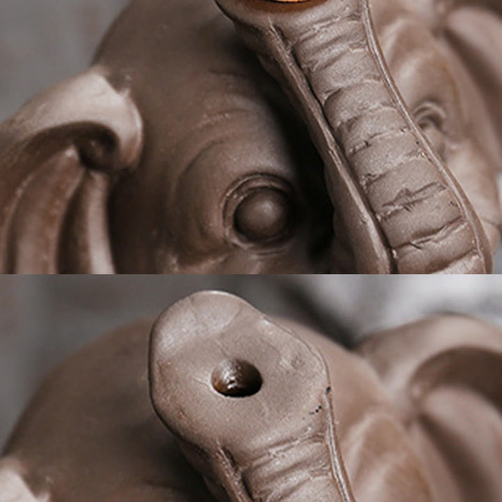 Quemador de incienso curativo con fuente de humo de reflujo de arcilla morada con diseño de elefante pequeño sosteniendo una Buddha Stones - image 15