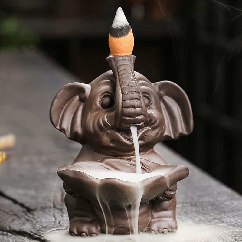 Quemador de incienso curativo con fuente de humo de reflujo de arcilla morada con diseño de elefante pequeño sosteniendo una Buddha Stones - image 9