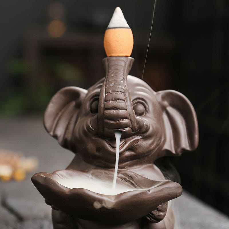 Quemador de incienso curativo con fuente de humo de reflujo de arcilla morada con diseño de elefante pequeño sosteniendo una Buddha Stones - image 10