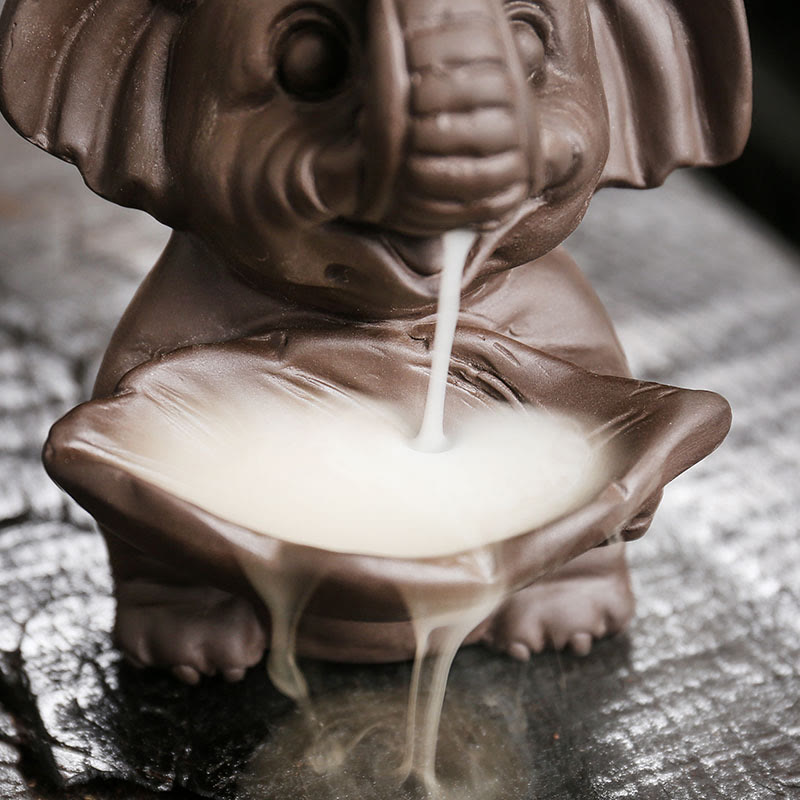 Quemador de incienso curativo con fuente de humo de reflujo de arcilla morada con diseño de elefante pequeño sosteniendo una Buddha Stones - image 13