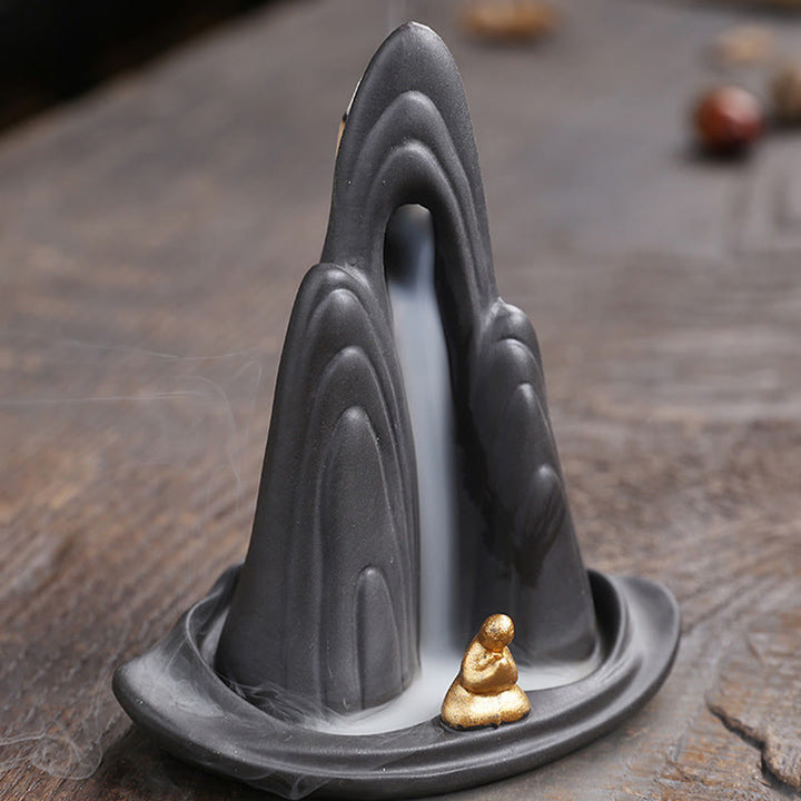 Quemador de incienso de cerámica con reflujo curativo de arcilla morada con Buddha Stones, montañas de Monje Pequeño, agua que fluye - image 4