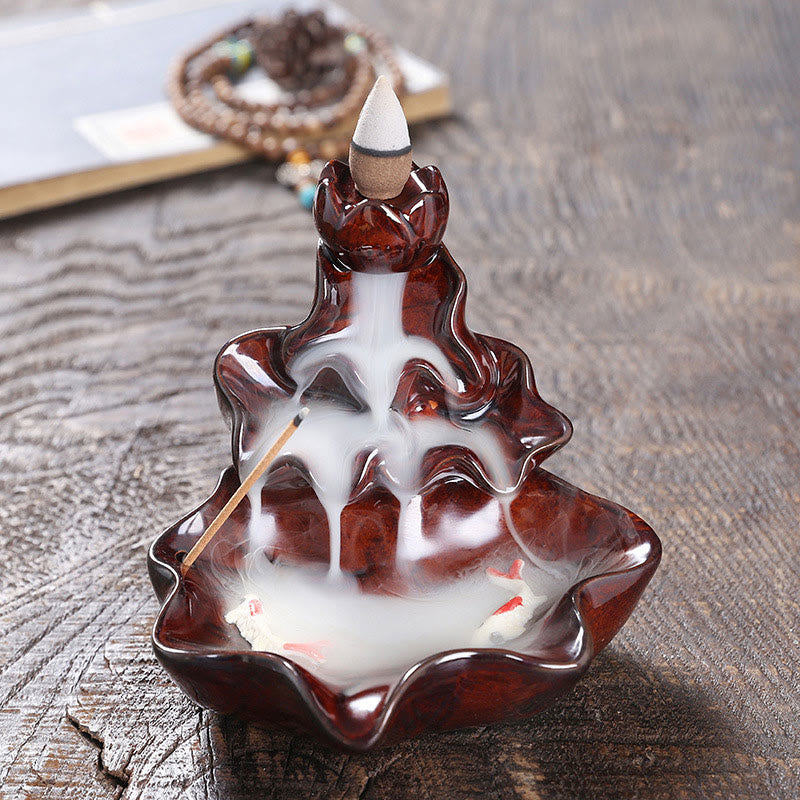 Quemador de incienso de cerámica con reflujo de agua, Buddha Stones de loto y peces koi, para decoración del hogar - Rojo 11,5 x 11 x 10 cm - image 16