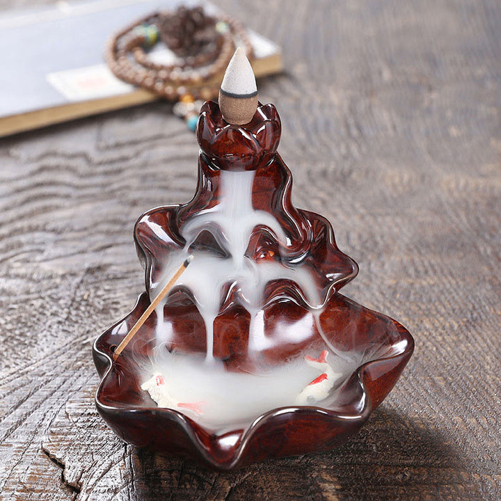 Quemador de incienso de cerámica con reflujo de agua, Buddha Stones de loto y peces koi, para decoración del hogar - Rojo 11,5 x 11 x 10 cm - image 16