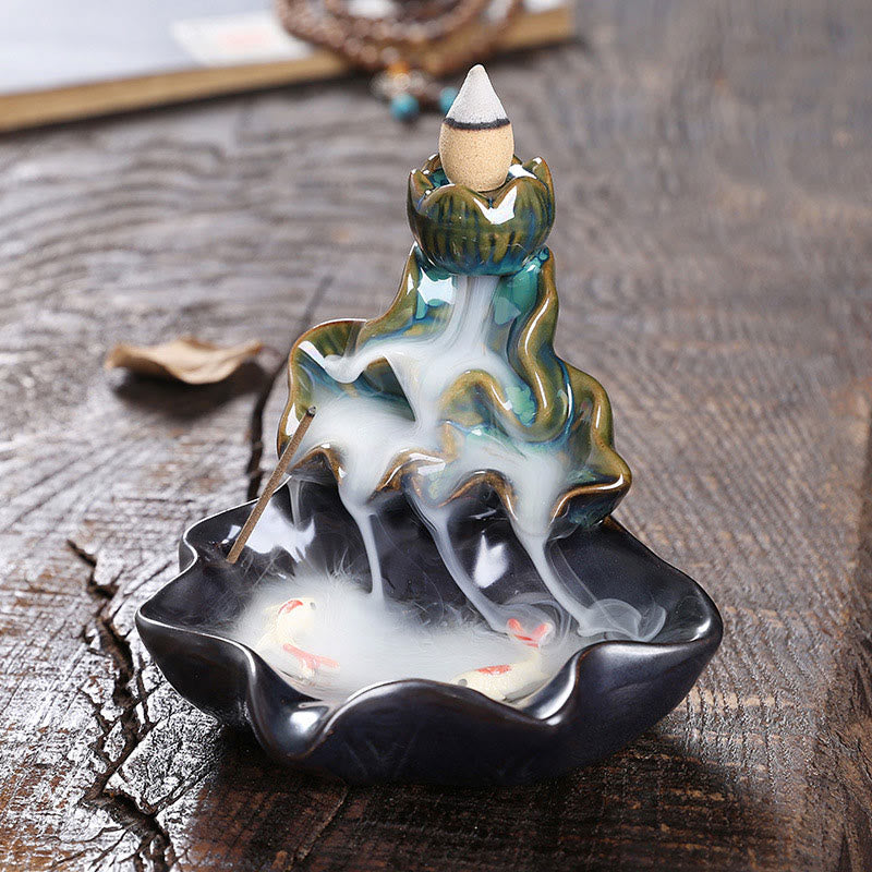 Quemador de incienso de cerámica con reflujo de agua, Buddha Stones de loto y peces koi, para decoración del hogar - Azul 11,5 x 11 x 10 cm - image 1