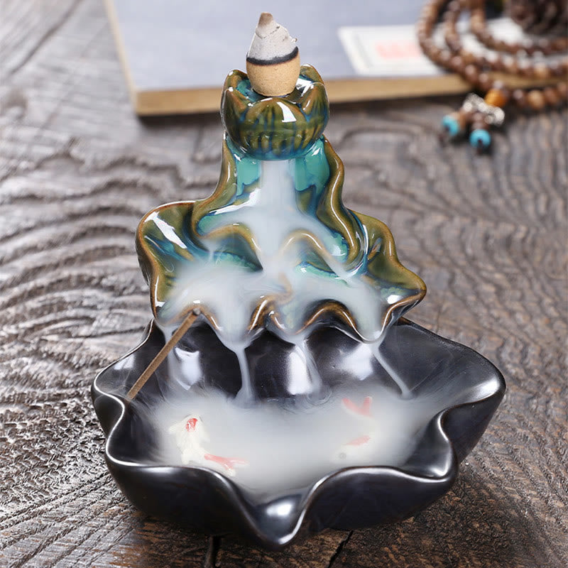 Quemador de incienso de cerámica con reflujo de agua, Buddha Stones de loto y peces koi, para decoración del hogar - image 3