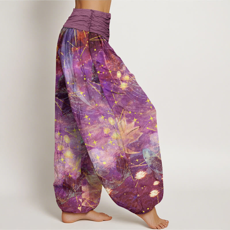 Pantalones bombachos de cintura elástica para mujer con estampado de Buddha Stones, peces koi, loto, luna y estrellas, de algodón. - image 5