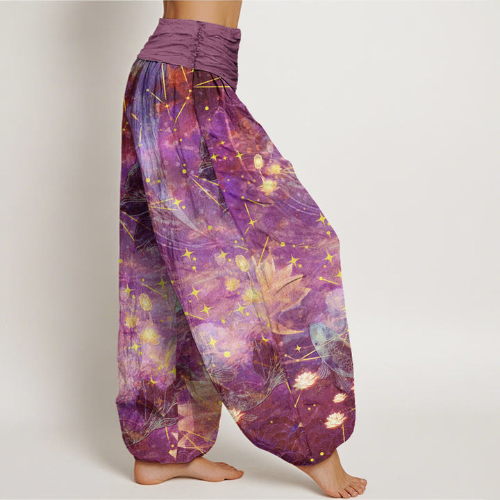 Pantalones harén con cintura elástica para mujer con estampado de estrellas, luna, loto y peces koi y piedras de Buddha Stones - image 6