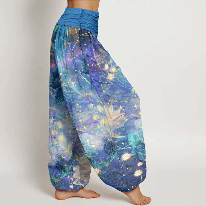Pantalones bombachos de cintura elástica para mujer con estampado de Buddha Stones, peces koi, loto, luna y estrellas, de algodón. - image 1