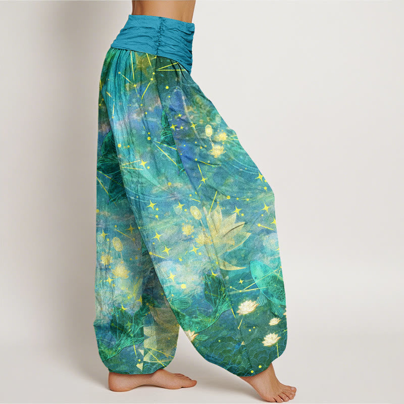 Pantalones harén con cintura elástica para mujer con estampado de estrellas, luna, loto y peces koi y piedras de Buddha Stones - image 9