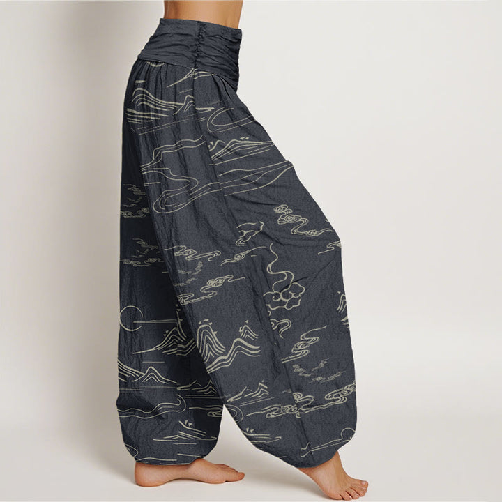 Pantalones harén con cintura elástica para mujer con diseño de nubes auspiciosas, luna y montaña con Buddha Stones - image 2