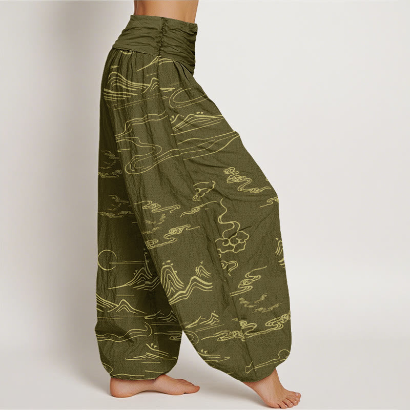 Pantalones harén con cintura elástica para mujer con diseño de nubes auspiciosas, luna y montaña con Buddha Stones - image 6