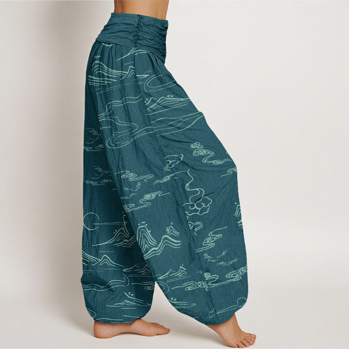 Pantalones harén con cintura elástica para mujer con diseño de nubes auspiciosas, luna y montaña con Buddha Stones - image 9