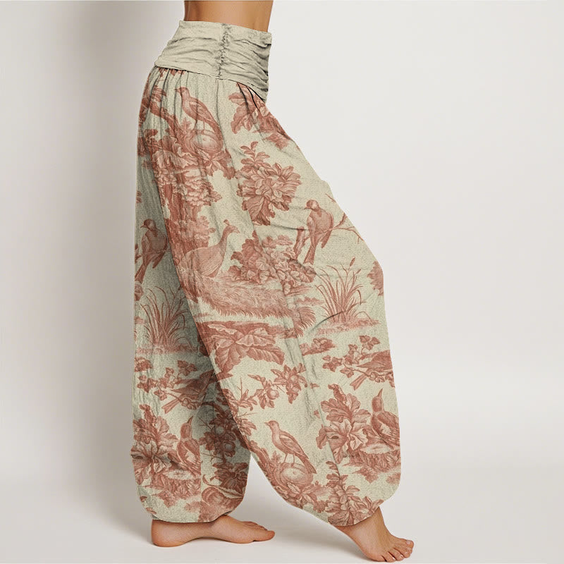 Pantalones bombachos de cintura elástica para mujer con estampado de Buddha Stones, pájaros, árboles y ramas de algodón. - image 2