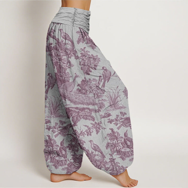 Pantalones bombachos de cintura elástica para mujer con estampado de Buddha Stones, pájaros, árboles y ramas de algodón. - image 7