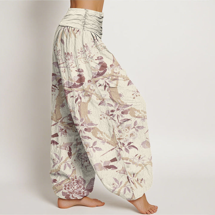 Pantalones harén con cintura elástica para mujer con estampado de flores, ramas y pájaros y Buddha Stones - image 7