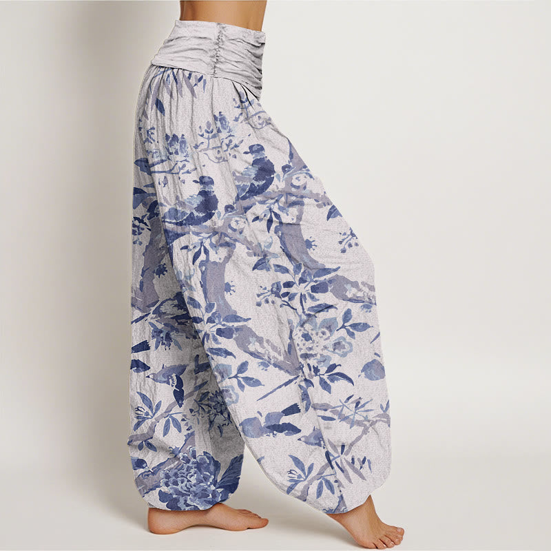 Pantalones harén con cintura elástica para mujer con estampado de flores, ramas y pájaros y Buddha Stones - image 10