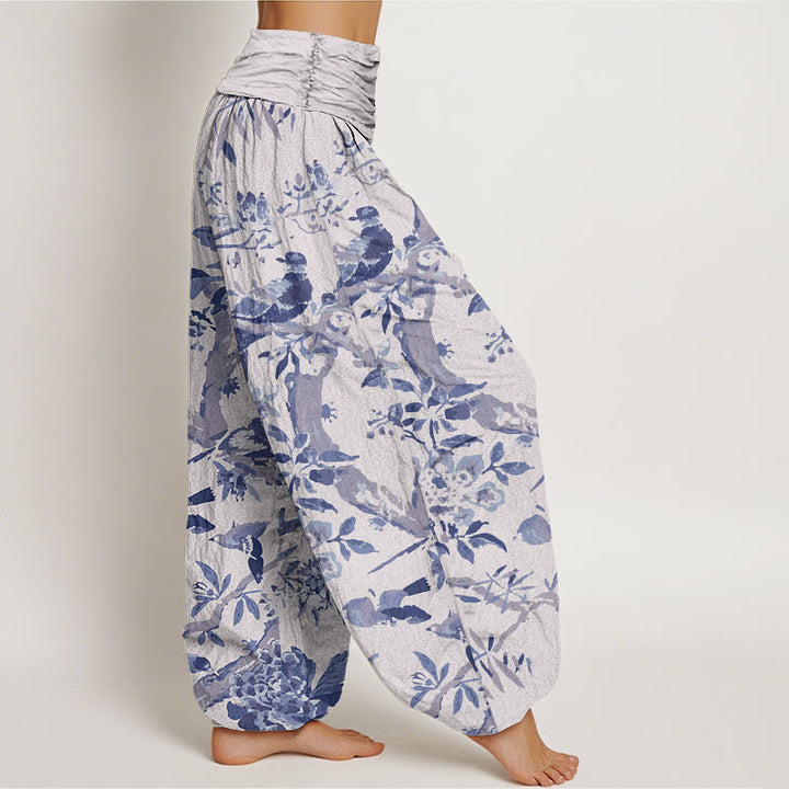 Pantalones harén con cintura elástica para mujer con estampado de flores, ramas y pájaros y Buddha Stones - image 10