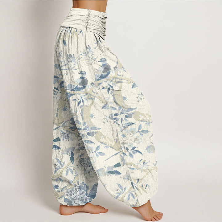 Pantalones harén con cintura elástica para mujer con estampado de flores, ramas y pájaros y Buddha Stones - image 3