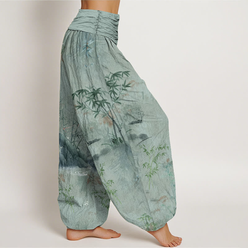 Pantalones harén con cintura elástica para mujer, informales, con pintura de tinta de roca de bambú y Buddha Stones - image 9