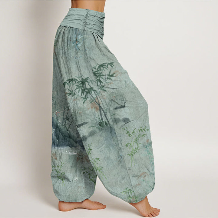 Pantalones harén con cintura elástica para mujer, informales, con pintura de tinta de roca de bambú y Buddha Stones - image 9