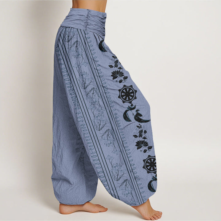 Pantalones bombachos de cintura elástica para mujer con estampado de Buddha Stones, rueda del Dharma, loto y símbolo OM. - image 1
