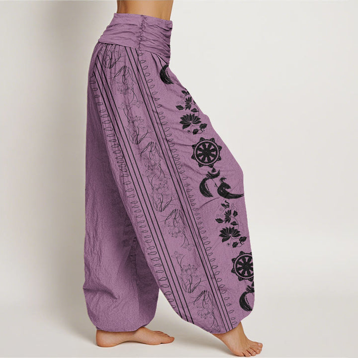 Pantalones bombachos de cintura elástica para mujer con estampado de Buddha Stones, rueda del Dharma, loto y símbolo OM. - image 6