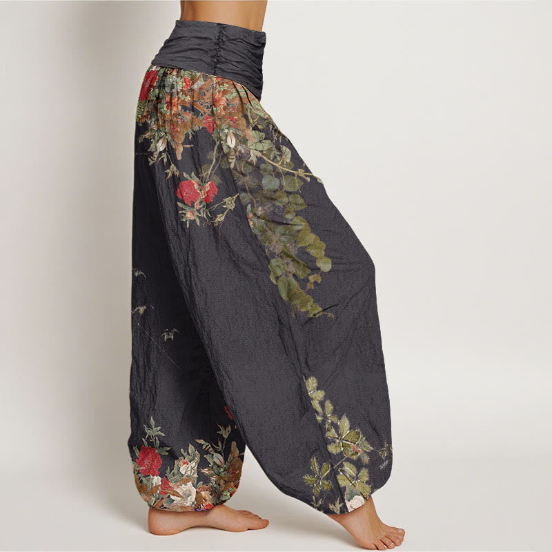 Pantalones harén con cintura elástica para mujer, diseño informal de peonías rojas y flores de Buddha Stones - image 2