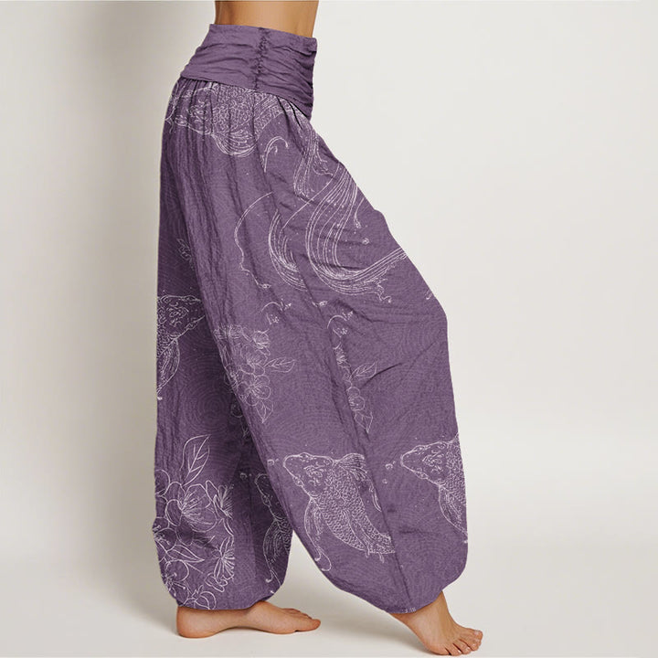 Pantalones harén con cintura elástica para mujer con estampado floral de peces koi y Buddha Stones - image 6